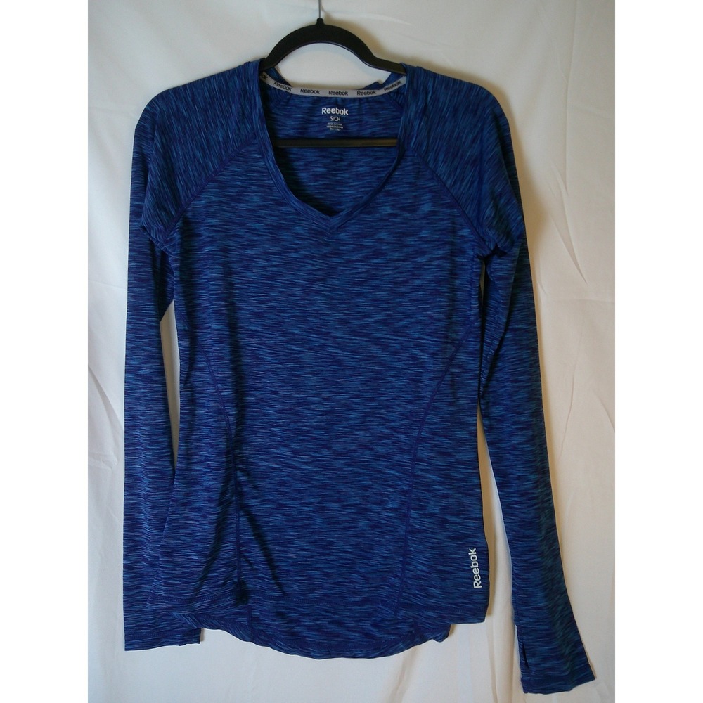 Reebok Womens Blue Space Dye V-Neck Performance Long Sleeve Workout S Thumbhole